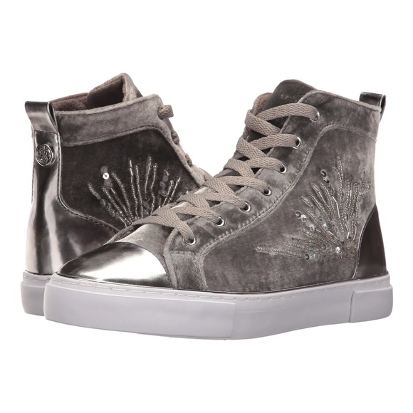 $109 Guess Women’s G Force Beaded High Top Velvet Sneakers Light Grey - Picture 1 of 6